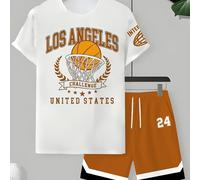 Conjunto de 2 piezas de camiseta y pantalón corto, estampado de de Los Ángeles, de entrenamiento de baloncesto, tela recién , y transpirable, adecuado para deportes al