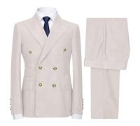 Conjunto de 2 piezas de doble botonadura con botones dorados, ajuste delgado, sólido, blazer para boda, graduación, formal, conjunto de pantalón, beige, L