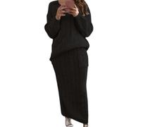 Conjunto de 2 Piezas de Falda Tubo Larga de Punto Trenzado Grueso para Mujer, suéter de Cuello Redondo, Falda Tubo Larga (Black,S)