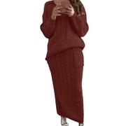 Conjunto de 2 Piezas de Falda Tubo Larga de Punto Trenzado Grueso para Mujer, suéter de Cuello Redondo, Falda Tubo Larga (Wine Red,L)