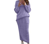 Conjunto de 2 Piezas de Falda Tubo Larga de Punto Trenzado Grueso para Mujer, suéter de Cuello Redondo, Falda Tubo Larga (Purple,3XL)