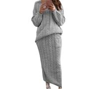 Conjunto de 2 Piezas de Falda Tubo Larga de Punto Trenzado Grueso para Mujer, suéter de Cuello Redondo, Falda Tubo Larga (Grey,XXL)