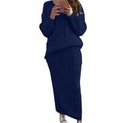 Conjunto de 2 Piezas de Falda Tubo Larga de Punto Trenzado Grueso para Mujer, suéter de Cuello Redondo, Falda Tubo Larga (Navy,M)