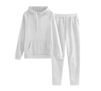 Conjunto de 2 piezas de invierno cálido para mujer, conjunto de moda holgada, manga larga, sudadera con capucha + pantalones cómodos y transpirables, color sólido con bolsa, blanco, S