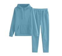 Conjunto de 2 piezas de invierno cálido para mujer, conjunto de moda holgada, manga larga, sudadera con capucha + pantalones cómodos y transpirables, color sólido con bolsa, azul claro, M