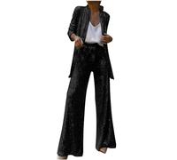 Conjunto de 2 piezas de lentejuelas brillantes para mujer, blazer de manga larga y pantalones de cintura alta, elegante conjunto de fiesta de noche, Negro, S