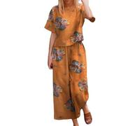 Conjunto de 2 piezas de lino de manga corta para mujer, estampado vintage, conjunto de ropa de descanso para mujeres de mediana edad y ancianas, cuello redondo, pantalones de pierna ancha, conjunto de