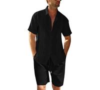 Conjunto de 2 piezas de lino para hombre, corte regular, con botones, camisa de playa y pantalones cortos, ropa de verano de manga, Negro , M