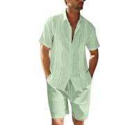 Conjunto de 2 piezas de lino para hombre, corte regular, con botones, camisa de playa y pantalones cortos, ropa de verano de manga, verde menta, M