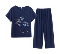 Conjunto de 2 piezas de lino para mujer, conjunto de pijama casual de gran tamaño, camiseta estampada de manga corta y pantalones elásticos de pierna ancha, color sólido, ropa de dormir suelta y ropa