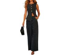 Conjunto de 2 piezas de mezclilla de cintura alta y pierna ancha para mujer, estilo casual, moderno, cuello redondo, sin mangas, parte superior con botones, Negro, S