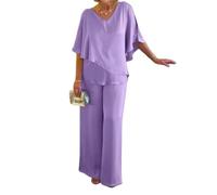 Conjunto de 2 piezas de pantalón tipo túnica gris de doble capa para mujer, conjunto de pantalón con cuello en V liso, conjunto asimétrico y fluido, Morado (, XXL