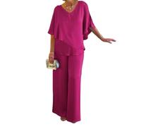 Conjunto de 2 piezas de pantalón tipo túnica gris de doble capa para mujer, conjunto de pantalón con cuello en V liso, conjunto asimétrico y fluido, Rosa Roja, XXL