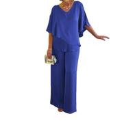 Conjunto de 2 piezas de pantalón tipo túnica gris de doble capa para mujer, conjunto de pantalón liso con cuello en V, conjunto asimétrico fluido (azul, XL)