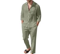 Conjunto de 2 piezas de pantalón y camisa de lino para hombre, Lino Hombre Manga Larga Verano de Algodon Casual Camisa Henley Shirts Cuello Mao Color Sólido Elegantes Playa Boda Vacaciones