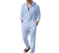 Conjunto de 2 piezas de pantalón y camisa de lino para hombre, Lino Hombre Manga Larga Verano de Algodon Casual Camisa Henley Shirts Cuello Mao Color Sólido Elegantes Playa Boda Vacaciones