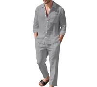 Conjunto de 2 piezas de pantalón y camisa de lino para hombre, Lino Hombre Manga Larga Verano de Algodon Casual Camisa Henley Shirts Cuello Mao Color Sólido Elegantes Playa Boda Vacaciones