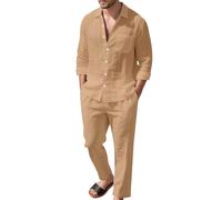 Conjunto de 2 piezas de pantalón y camisa de lino para hombre, Lino Hombre Manga Larga Verano de Algodon Casual Camisa Henley Shirts Cuello Mao Color Sólido Elegantes Playa Boda Vacaciones
