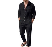 Conjunto de 2 piezas de pantalón y camisa de lino para hombre, Lino Hombre Manga Larga Verano de Algodon Casual Camisa Henley Shirts Cuello Mao Color Sólido Elegantes Playa Boda Vacaciones