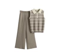 Conjunto de 2 piezas de punto a rayas para mujer, chaleco de punto sin mangas, cintura alta, pantalones de pierna ancha, 1001, S