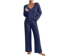 Conjunto de 2 piezas de punto acanalado para mujer, conjunto de 2 piezas de manga larga, cuello en V y cintura elástica y pantalones de pierna ancha, azul marino, L