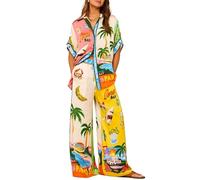 Conjunto de 2 piezas de satén bohemio para mujer, conjunto de camisa y pantalones hawaianos con estampado de graffiti casual de verano a juego con mangas cortas y botones, #1, S