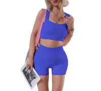 Conjunto de 2 Piezas de Yoga para Mujer Crop Top Y Short Leggings Cintura Alta Traje de Gimnasia para Fitness Gym Running Jogging Gimnasio Ejercicio,Azul 1,S
