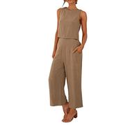 Conjunto de 2 piezas elegantes de lino curvo, transpirables, sin mangas, camiseta + pantalones con cintura elástica, juego cómodo y suave mono 2025 para primavera, verano, café, 3XL