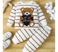 Conjunto de 2 piezas para bebé y niño pequeño, niño y niña, de /otoño, con camiseta de larga y cuello con parche bordado de oso de dibujos animados y pantalón largo a rayas, lindo, para exteriores