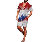 Conjunto de 2 Piezas para Hombres del 4 de Julio Camisa de Manga Corta con Botones y Pantal Shorts con la Bandera de Estados Unidos y el 250º Aniversario