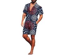 Conjunto de 2 Piezas para Hombres del 4 de Julio Camisa de Manga Corta con Botones y Pantal Shorts con la Bandera de Estados Unidos y el 250º Aniversario