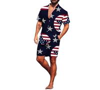 Conjunto de 2 Piezas para Hombres del 4 de Julio Camisa de Manga Corta con Botones y Pantal Shorts con la Bandera de Estados Unidos y el 250º Aniversario