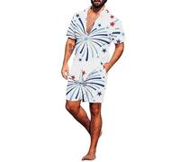 Conjunto de 2 Piezas para Hombres del 4 de Julio Camisa de Manga Corta con Botones y Pantal Shorts con la Bandera de Estados Unidos y el 250º Aniversario