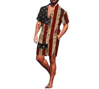 Conjunto de 2 Piezas para Hombres del 4 de Julio Camisa de Manga Corta con Botones y Pantal Shorts con la Bandera de Estados Unidos y el 250º Aniversario
