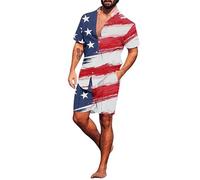 Conjunto de 2 Piezas para Hombres del 4 de Julio Camisa de Manga Corta con Botones y Pantal Shorts con la Bandera de Estados Unidos y el 250º Aniversario