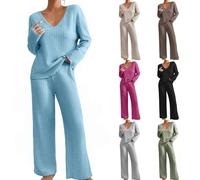 Conjunto de 2 piezas para mujer, acanalado, de dos piezas, cuello en V profundo, suéter de manga larga, pantalones de pierna ancha, color sólido, conjuntos de ropa ligera y cómoda, ropa de descanso de
