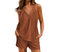 Conjunto de 2 piezas para mujer: camiseta sin mangas con cuello en V y pantalones cortos holgados con cordón (estilo veraniego ligero) (Dark Brown,x_l)