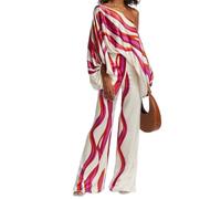 Conjunto de 2 piezas para mujer, casual, con hombros descubiertos, pantalones largos, traje de viaje de primavera 2023, trajes holgados con estampado, Rosa Roja, XXL