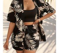 Conjunto de 2 piezas para mujer con cárdigan de manga corta y pantalones cortos, estampado de plantas de tropical junto a para vacaciones, para cubrir traje de baño