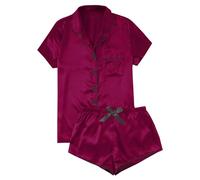 Conjunto de 2 piezas para mujer, con pantalones cortos, camisón de satén para mujer, Vino, S