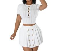 Conjunto de 2 Piezas para Mujer, Crop Top de Punto Plisado Mini Falda Set, Fiesta de Verano y Club de Desgaste(Weiß,S)