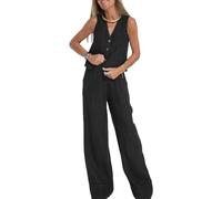 Conjunto de 2 piezas para mujer, cuello en V, sin mangas, chaleco con botones, pantalones de pierna ancha, traje blazer de verano de lino a juego, Negro, S