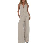 Conjunto de 2 piezas para mujer, cuello en V, sin mangas, chaleco con botones, pantalones de pierna ancha, traje blazer de verano de lino a juego, beige, XL