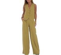 Conjunto de 2 piezas para mujer, cuello en V, sin mangas, chaleco con botones, pantalones de pierna ancha, traje blazer de verano de lino a juego, verde, L
