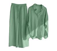 Conjunto de 2 piezas para mujer de lino y algodón, juego de verano 2025, conjunto elegante y trabajo, mono Baggy camisa + pantalones con botones, moda completa, transpirables, color liso, para playa