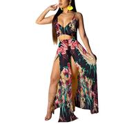 Conjunto de 2 piezas para mujer de verano floral de playa y falda con abertura lateral, falda de corte alto y maxivestidos - Negro - Medium