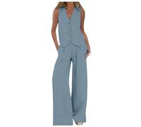 Conjunto De 2 Piezas para Mujer Trajes Informales Verano Chaleco Cuello en V sin Mangas con Botones Camisa y Pantalones Pierna Ancha con Bolsillos Traje de Pantalón Elegante (01-Light Blue, L)