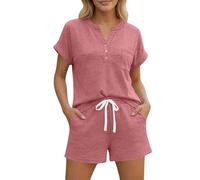 Conjunto de 2 piezas para mujer, túnica de manga corta con cuello en V y pantalones cortos elásticos con bolsillos, para playa y vacaciones de verano, rosa, M