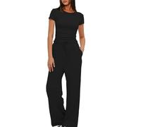 Conjunto de 2 piezas para mujer, verano, casual, manga corta, ombliguera, cintura elástica alta, pantalones ancha, chándal yoga, pantalones deportivos