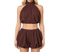 Conjunto de 2 piezas para mujer Y2K Outfit Polka Dot Backless Halter Crop Top and Bubble para mini falda Set for Summer Beach Vacation Holiday Party White Brown (L Brown)